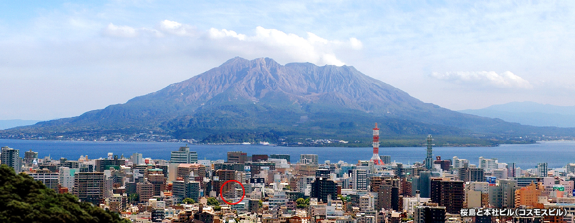 桜島と本社ビル（コスモスビル）